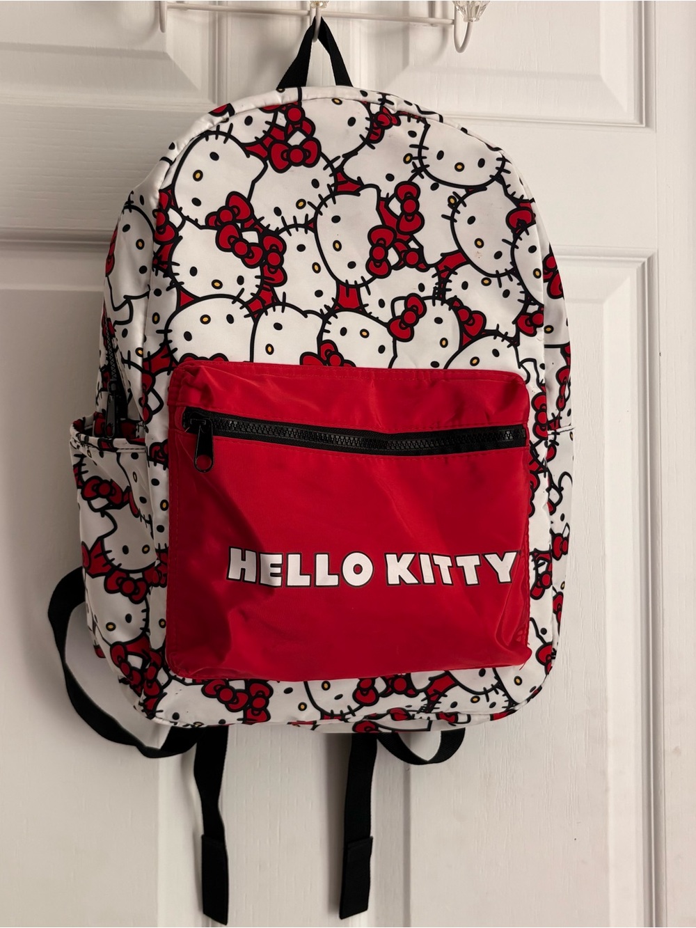 Hello Kitty White & Red Patterned Backpack with Front Pocket